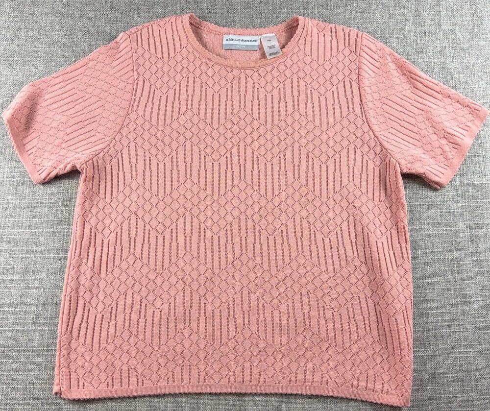 Vintage Alfred Dunner Petite PXL Pink Pointelle Knit Short Sleeve Sweater USA